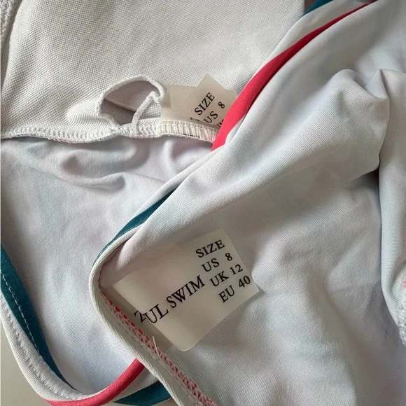 Women’s Striped Two-Piece Cheeky Swim Set - Pink, Teal & White - Picture 3 of 4